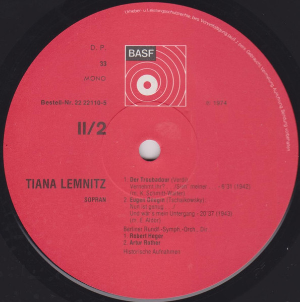 Cover zu Tiana Lemnitz - Historische Aufnahmen Aus Den Jahren 1942 - 1946 | 1974 | Vinyl | Classical | Germany