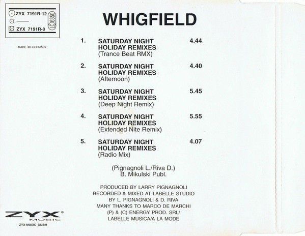 Cover zu Whigfield - Saturday Night (Holiday Remixes) | 1994 | Vinyl | Electronic | Germany