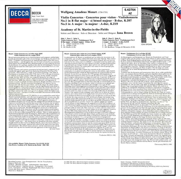 Cover zu Wolfgang Amadeus Mozart, Iona Brown, The Academy Of St. Martin-in-the-Fields - Violin Concertos 1 & 5 | 1983 | Vinyl | Classical | Germany Schallplatten Ankauf