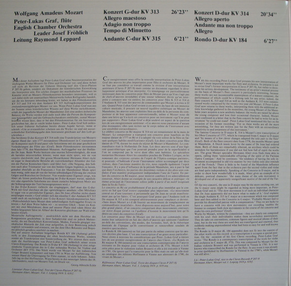 Cover zu Wolfgang Amadeus Mozart, Peter-Lukas Graf, English Chamber Orchestra, Raymond Leppard - Flötenkonzerte | 1985 | Vinyl | Classical | Switzerland Schallplatten Ankauf
