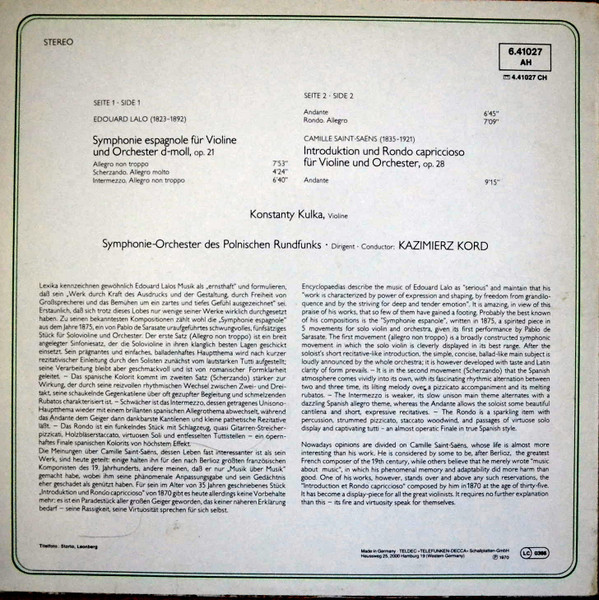 Cover zu Édouard Lalo / Camille Saint-Saëns - Konstanty Andrzej Kulka • Wielka Orkiestra Symfoniczna Polskiego Radia • Kazimierz Kord - Lalo: Symphonie Espagnole / Saint-Saëns: Introduktion Und Rondo Schallplatten Ankauf