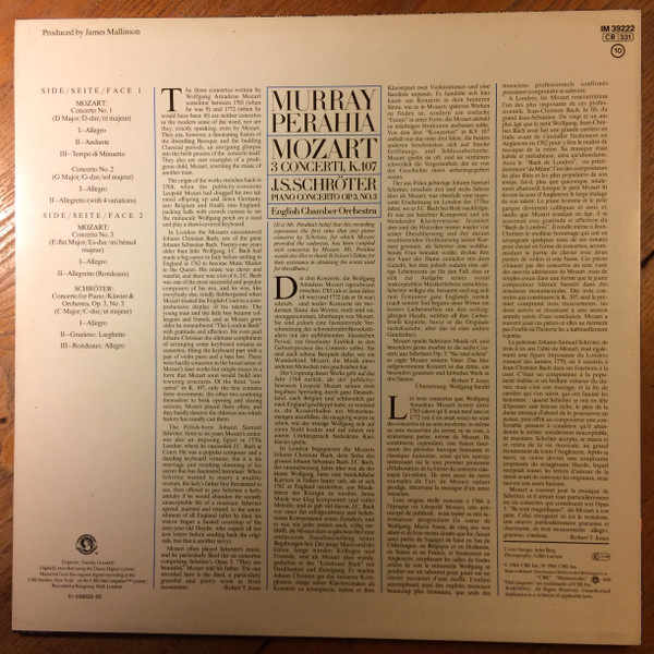 Cover zu Wolfgang Amadeus Mozart, Johann Samuel Schröter - Murray Perahia, English Chamber Orchestra - 3 Concerti. K. 107 • Piano Concerto Op. 3, No. 3 | 1984 | Vinyl | Classical | Netherlands