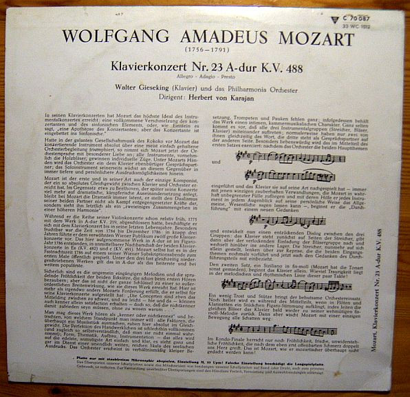 Cover zu Wolfgang Amadeus Mozart, Walter Gieseking, Herbert Von Karajan, Philharmonia Orchestra - Klavierkonzert Nr. 23 In A-Dur KV 488 / Klavierkonzert Nr. 23 In A-Moll KV 488 | Vinyl | Classical Schallplatten Ankauf