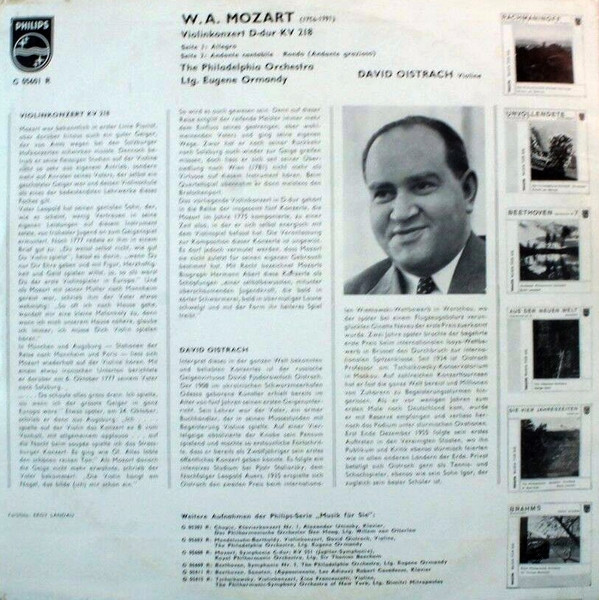 Cover zu Wolfgang Amadeus Mozart - David Oistrach, The Philadelphia Orchestra, Eugene Ormandy - Violinkonzert D-dur KV 218 | Vinyl | Classical | Germany