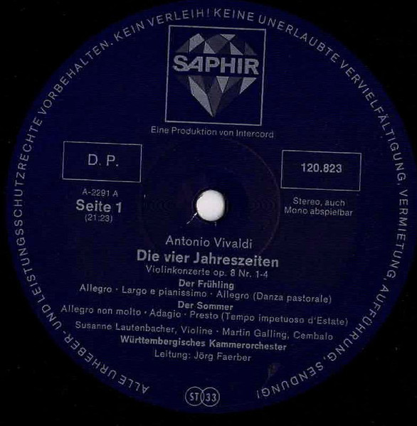 Cover zu Antonio Vivaldi / Susanne Lautenbacher - Martin Galling - Württembergisches Kammerorchester, Jörg Faerber - Die Vier Jahreszeiten | Vinyl | Classical | Germany Schallplatten Ankauf