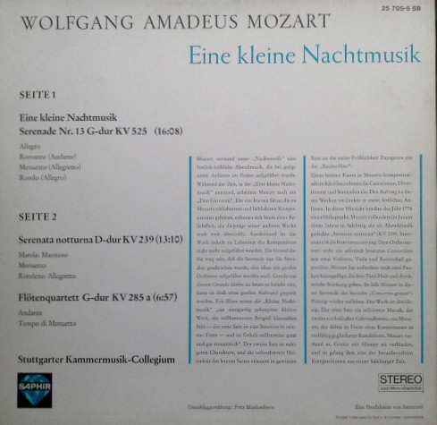 Cover zu Wolfgang Amadeus Mozart, Stuttgarter Kammermusik-Collegium - Eine Kleine Nachtmusik | Vinyl | Classical | Germany Schallplatten Ankauf