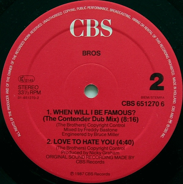 Cover zu Bros - When Will I Be Famous? | 1987 | Vinyl | Electronic, Pop | Europe