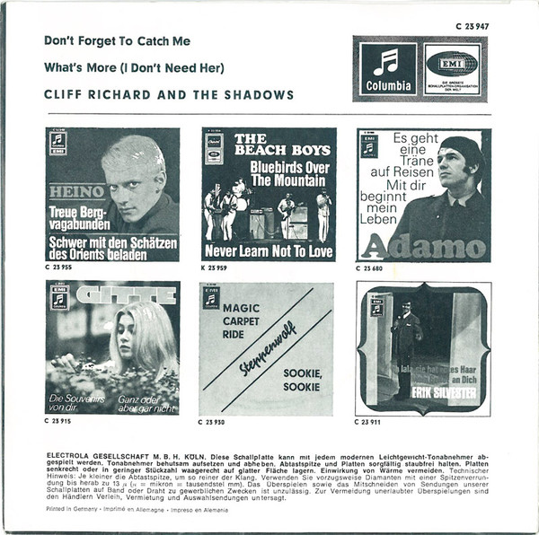 Cover zu Cliff Richard & The Shadows - Don't Forget To Catch Me / What's More (I Don't Need Her) | 1968 | Vinyl | Rock, Pop | Germany Schallplatten Ankauf