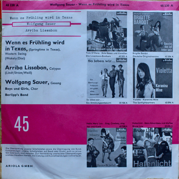 Cover zu Wolfgang Sauer - Wenn Es Frühling Wird In Texas | 1961 | Vinyl | Pop | Germany Schallplatten Ankauf