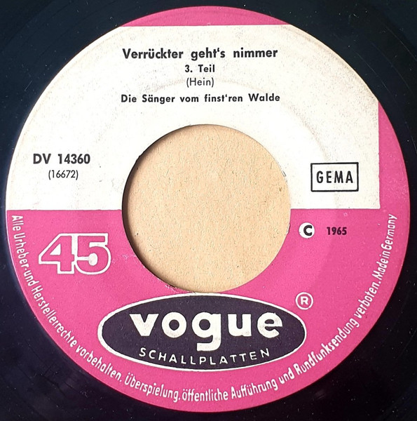 Cover zu Die Sänger Vom Finst'ren Walde - Verrückter Geht's Nimmer - 2 (Stimmungspotpourri) | 1965 | Vinyl | Pop | Germany Schallplatten Ankauf