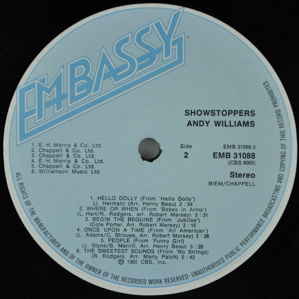 Cover zu Andy Williams - Showstoppers | 1974 | Vinyl | Pop | Netherlands Schallplatten Ankauf