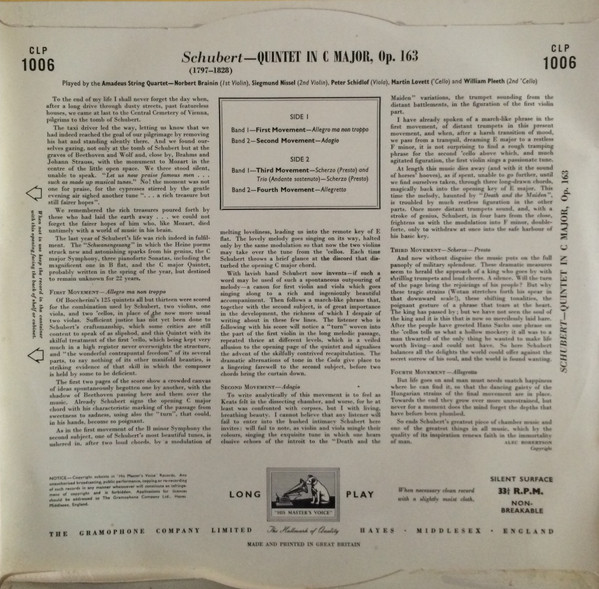 Cover zu Amadeus-Quartett And William Pleeth, Franz Schubert - Quintet In C Major Op. 163 | Vinyl | Classical | UK Schallplatten Ankauf