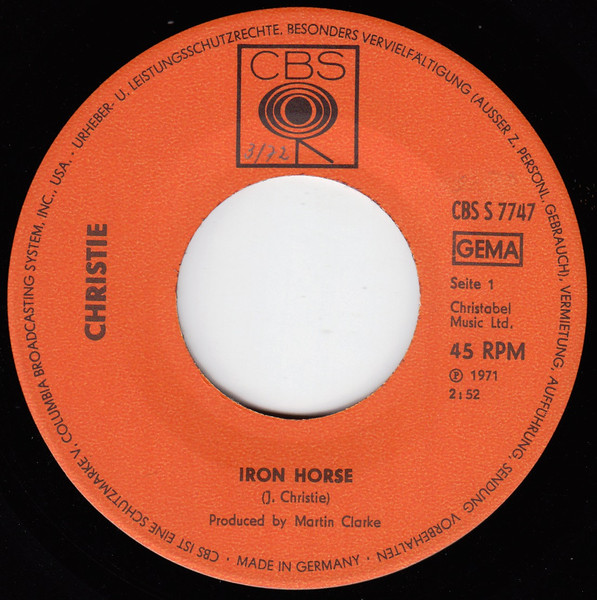 Cover zu Christie - Iron Horse | 1971 | Vinyl, 45 RPM, 7