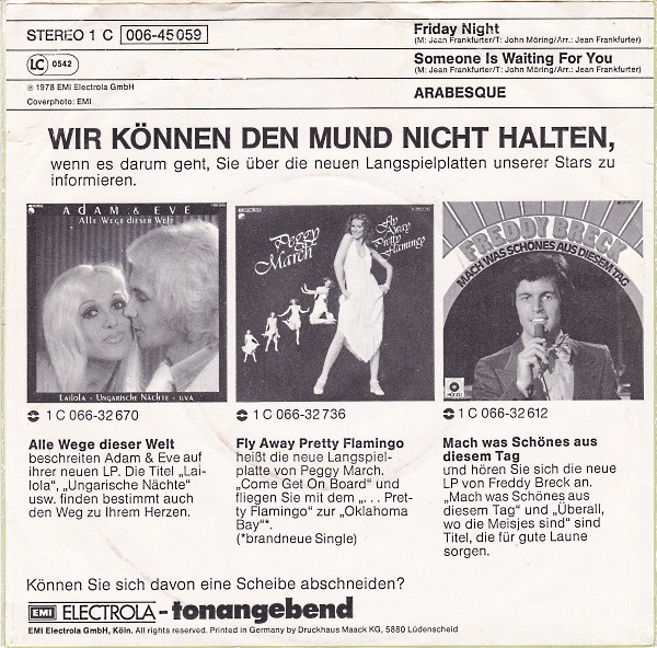 Cover zu Arabesque - Friday Night | 1978 | Vinyl | Electronic, Pop | Germany Schallplatten Ankauf