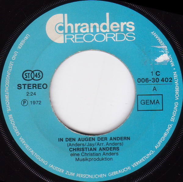 Cover zu Christian Anders - In Den Augen Der Andern | 1972 | Vinyl | Pop | Germany Schallplatten Ankauf