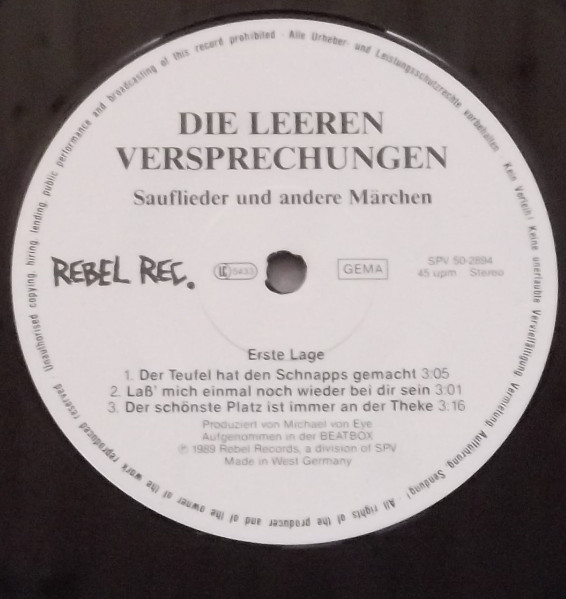 Cover zu Die Leeren Versprechungen & Herrenhäuser Trinkerjugend - Sauflieder Und Andere Märchen | 1989 | Vinyl | Rock | Germany Schallplatten Ankauf