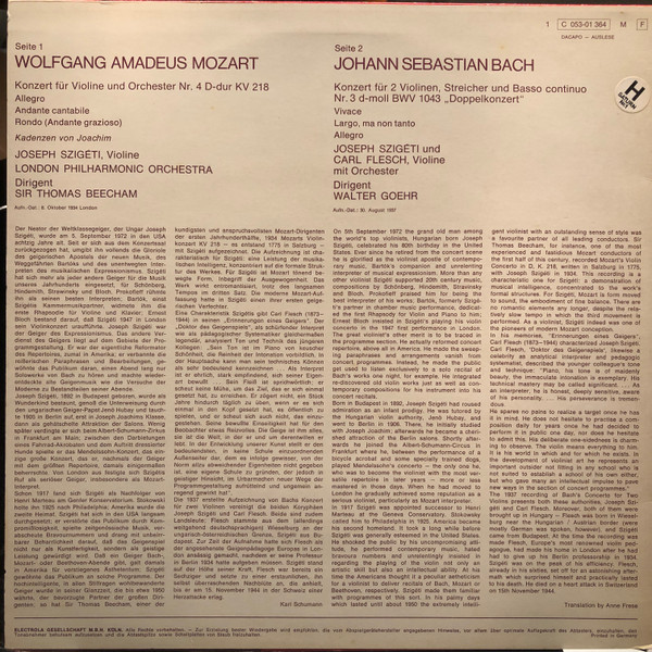 Cover zu Wolfgang Amadeus Mozart, Johann Sebastian Bach, London Philharmonic Orchestra, Joseph Szigeti, Carl Flesch, Sir Thomas Beecham, Walter Goehr - Mozart: Violinkonzert Nr. 4 D-dur Kv 218 / Bach Schallplatten Ankauf