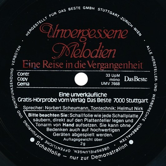 Cover zu Unknown Artist - Unvergessenen Melodien (Eine Reise In Die Vergangenheit) | Vinyl | Pop, Classical | Germany Schallplatten Ankauf