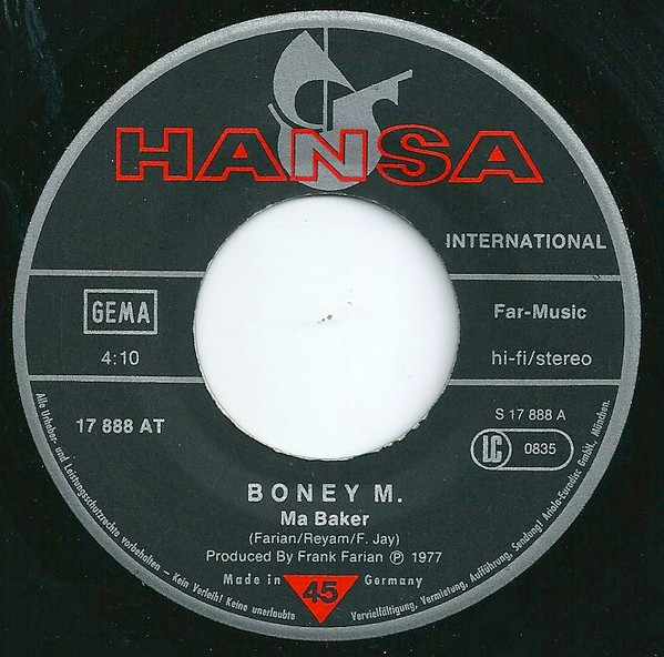 Cover zu Boney M. - Ma Baker / Still I'm Sad | 1977 | Vinyl, Stereo, 45 RPM, 7