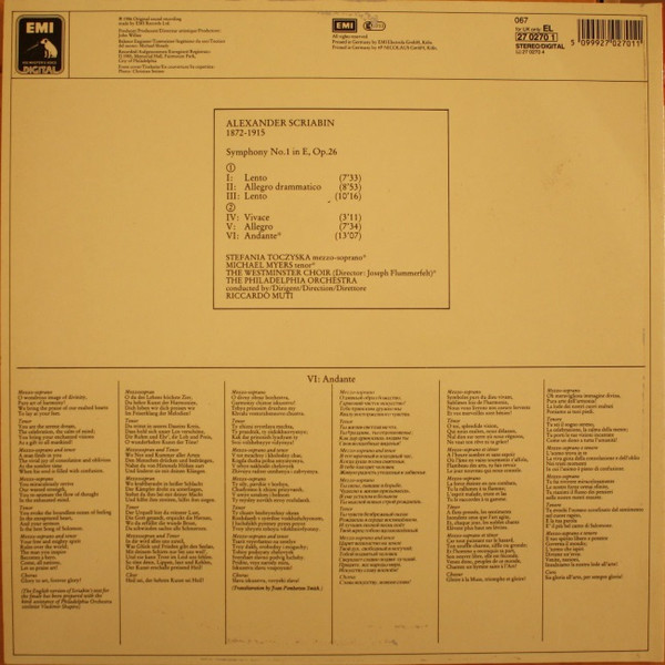 Cover zu Alexander Scriabin - Stefania Toczyska, Michael Myers (3), Westminster Symphonic Choir, The Philadelphia Orchestra, Riccardo Muti - Symphony No. 1 | 1986 | Vinyl | Classical | Europe Schallplatten Ankauf