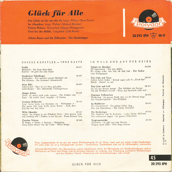Cover zu Alfons Bauer Und Die Zillertaler (2), Die Heidesänger - Glück Für Alle | 1957 | Vinyl | Folk, World, & Country | Germany Schallplatten Ankauf