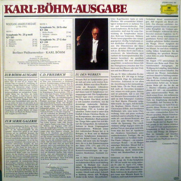 Cover zu Wolfgang Amadeus Mozart, Karl Böhm, Berliner Philharmoniker - Mozart: Symphonien Nr. 25 G-moll • Nr. 26 Es-Dur • Nr. 27 G-Dur | 1981 | Vinyl | Classical | Germany Schallplatten Ankauf