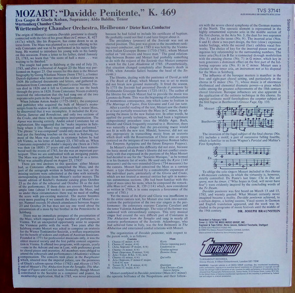 Cover zu Wolfgang Amadeus Mozart - Württembergischer Kammerchor, Württembergisches Kammerorchester, Dieter Kurz (2) - Davidde Penitente, Cantata, K. 469 | 1980 | Vinyl | Classical | UK Schallplatten Ankauf