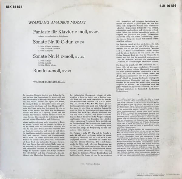 Cover zu Wilhelm Backhaus, Wolfgang Amadeus Mozart - Wilhelm Backhaus Spielt Mozart | Vinyl | Classical | Germany Schallplatten Ankauf