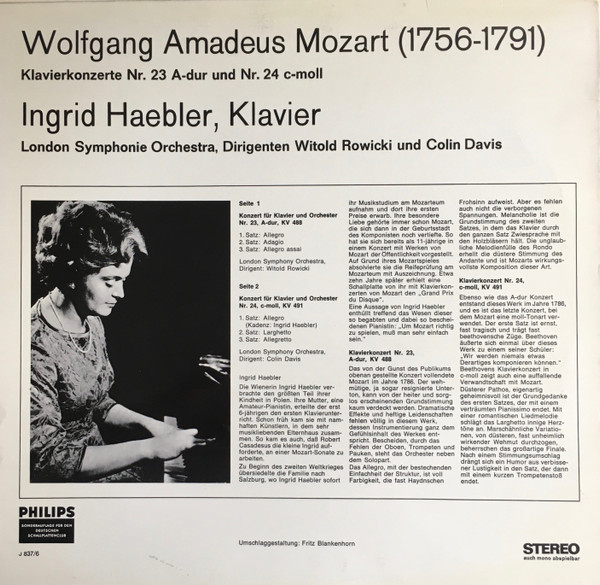 Cover zu Wolfgang Amadeus Mozart, Ingrid Haebler, London Symphony Orchestra, Sir Colin Davis, Witold Rowicki - Klavierkonzerte Nr. 23 A-dur, KV 488 Und Nr. 24 C-moll KV 491 | Vinyl | Classical Schallplatten Ankauf