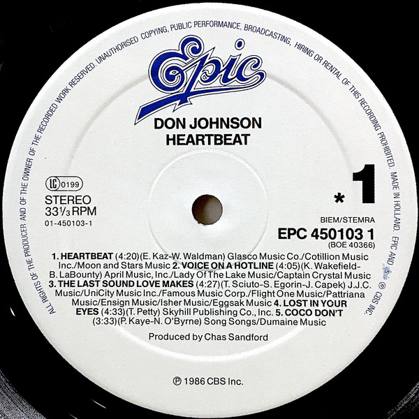 Cover zu Don Johnson - Heartbeat | 1986 | Vinyl | Electronic, Rock | Netherlands