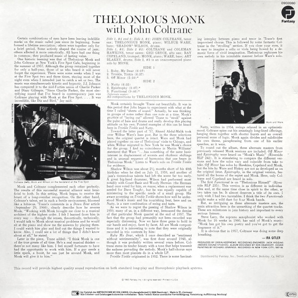 Cover zu Thelonious Monk with John Coltrane - Thelonious Monk With John Coltrane | 1982 | Vinyl | Jazz | Germany