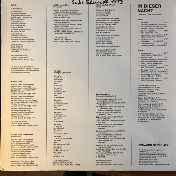 Cover zu Chor Der Neanderkirche Düsseldorf, Solinger Kinderchor, Oskars Kirchenmäuse, Peter Janssens Gruppe, Altstadt-Studio-Combo - In Dieser Nacht - Lieder Zum Thema Weihnacht | 1972 Schallplatten Ankauf