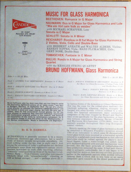 Cover zu Bruno Hoffmann - Musik Für Glasharmonika - Beethoven, Naumann, Schlett, Reichardt, Tomaschek & Röllig | 1975 | Vinyl | Classical | Germany