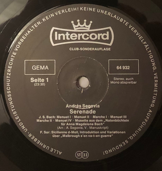 Cover zu Andrés Segovia - Serenade | 1975 | Vinyl | Classical | Germany Schallplatten Ankauf