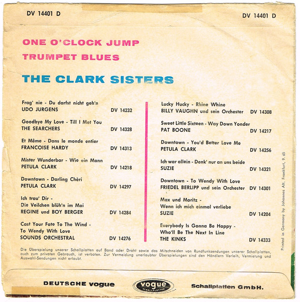 Cover zu The Clark Sisters (2) - One O'Clock Jump / Trumpet Blues | 1965 | Vinyl | Jazz | Germany