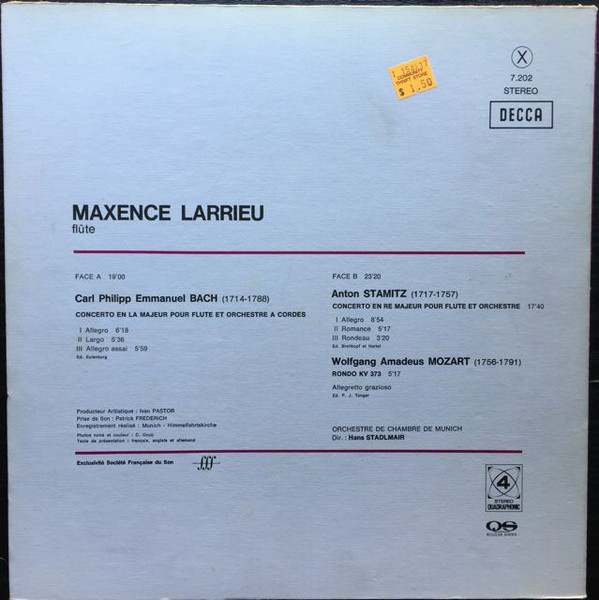 Cover zu Carl Philipp Emanuel Bach / Anton Stamitz / Wolfgang Amadeus Mozart – Maxence Larrieu, Münchener Kammerorchester, Hans Stadlmair - Concertos Pour Flute / Rondo KV 373 | 1974 | Classical