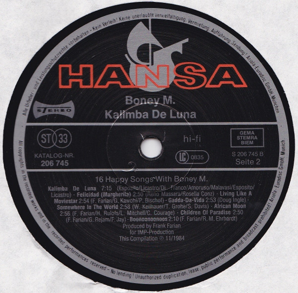 Cover zu Boney M. - Kalimba De Luna - 16 Happy Songs With Boney M. | 1984 | Vinyl | Electronic | Europe