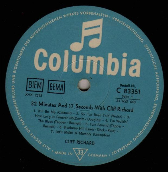 Cover zu Cliff Richard - 32 Minutes And 17 Seconds With Cliff Richard | 1962 | Vinyl | Rock, Blues | Germany Schallplatten Ankauf