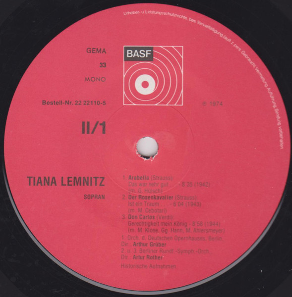 Cover zu Tiana Lemnitz - Historische Aufnahmen Aus Den Jahren 1942 - 1946 | 1974 | Vinyl | Classical | Germany