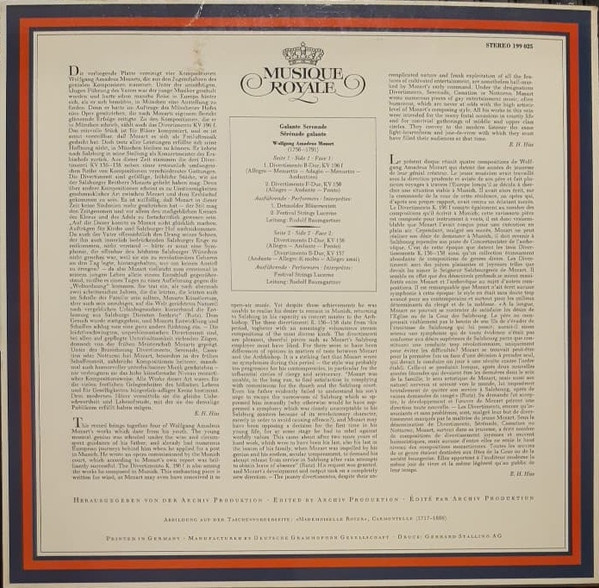 Cover zu Wolfgang Amadeus Mozart, Rudolf Baumgartner, Festival Strings Lucerne - Galante Serenade - Mozart: Divertimenti | Vinyl | Classical | Germany Schallplatten Ankauf