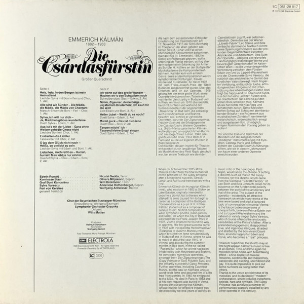 Cover zu Emmerich Kálmán, Anneliese Rothenberger, Nicolai Gedda, Olivera Miljakovic, Willi Brokmeier, Wolfgang Anheisser - Die Csárdásfürstin (Großer Querschnitt) | Vinyl, LP, Reissue | Classical Schallplatten Ankauf