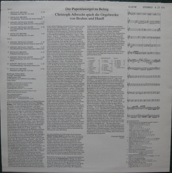 Cover zu Christoph Albrecht - Die Papeniusorgel Zu Belzig (Christoph Albrecht Spielt Werke Von Bruhns Und Hanff) | LP, Album, Bla Schallplatten Ankauf