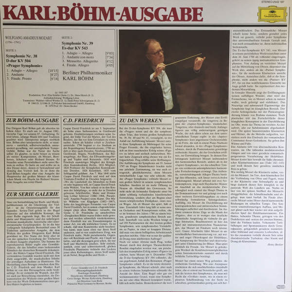 Cover zu Wolfgang Amadeus Mozart, Berliner Philharmoniker, Karl Böhm - Symphonien Nr. 38 D-Dur »Prager« • Nr. 39 Es-Dur | 1982 | Vinyl | Classical | Germany Schallplatten Ankauf