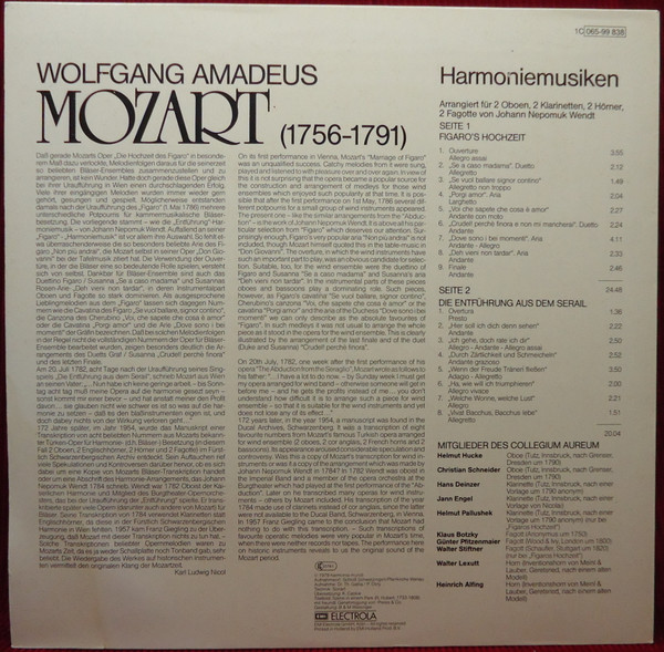 Cover zu Wolfgang Amadeus Mozart, Johann Wendt, Mitglieder Des Collegium Aureum - Harmoniemusiken | 1979 | Vinyl | Classical | Germany Schallplatten Ankauf
