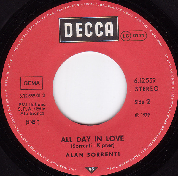 Cover zu Alan Sorrenti - Tu Sei L'unica Donna Per Me | 1979 | Vinyl | Funk / Soul, Pop | Germany Schallplatten Ankauf