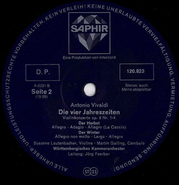 Cover zu Antonio Vivaldi / Susanne Lautenbacher - Martin Galling - Württembergisches Kammerorchester, Jörg Faerber - Die Vier Jahreszeiten | Vinyl | Classical | Germany