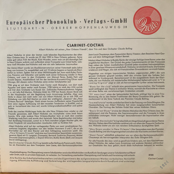 Cover zu Albert Nicholas And His New Orleans Friends , dem Claude Bolling Trio und dem Claude Bolling Et Son Orchestre - Clarinet-Cocktail | 1955 | Vinyl | Jazz | Germany Schallplatten Ankauf