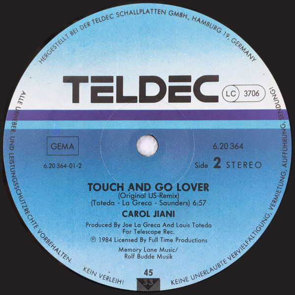 Cover zu Carol Jiani - Touch And Go Lover | 1984 | Vinyl | Electronic | Germany Schallplatten Ankauf