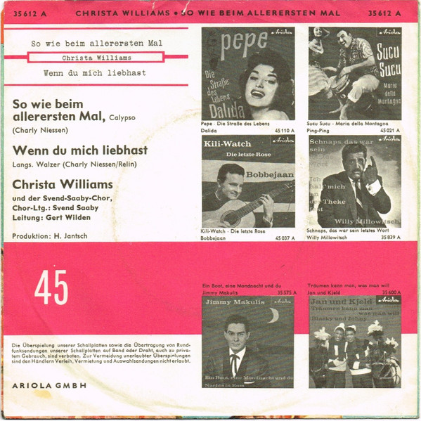 Cover zu Christa Williams Und Svend Saaby Koret - So Wie Beim Allerersten Mal / Wenn Du Mich Lieb Hast | 1961 | Vinyl | Pop | Germany Schallplatten Ankauf