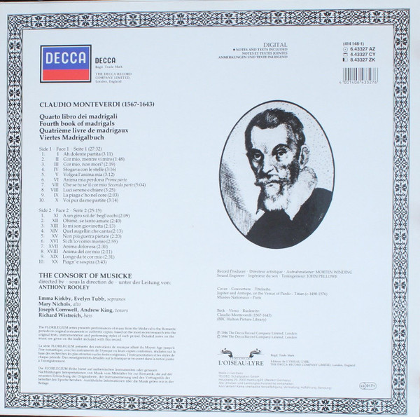 Cover zu Claudio Monteverdi – The Consort Of Musicke, Anthony Rooley - Quarto Libro Dei Madrigali | 1986 | Vinyl | Classical | Europe Schallplatten Ankauf